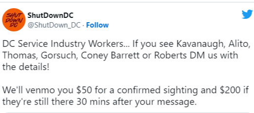 Twitter post offering $50 for sighting of conservative justices